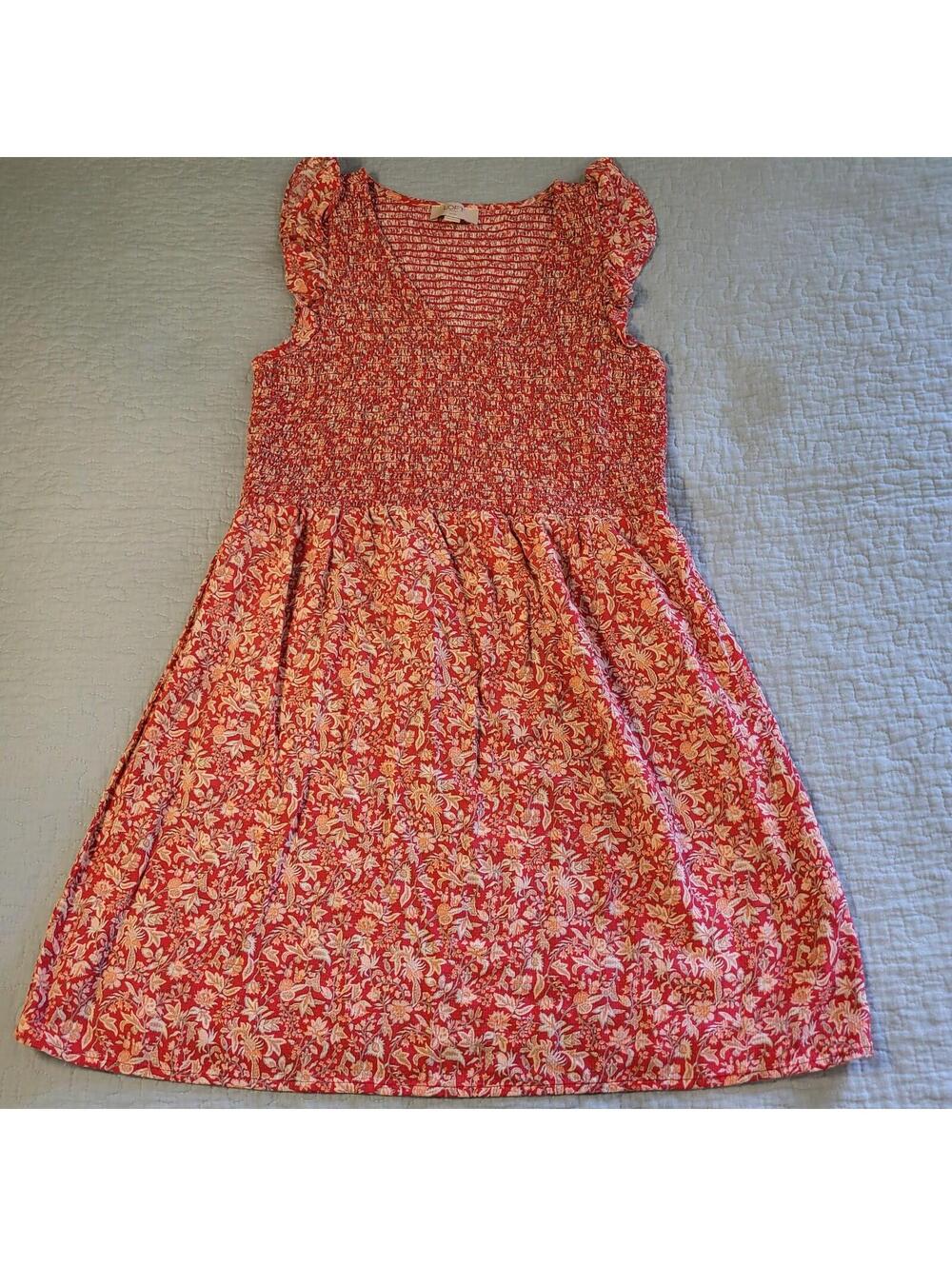 LOFT red & white ruffled tiered midi sundress with a smocked top (stretch) Med P